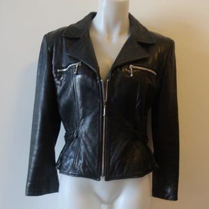 Womens Bebe Black Leather Full Zip Moto Jacket 10 *